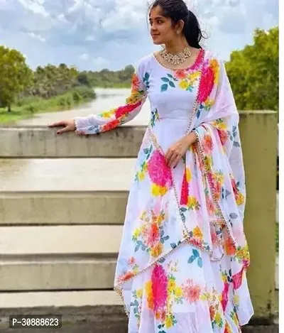 Beautiful Georgette White Printed Gown With Dupatta For Women