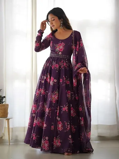 Stylish Georgette Floral Printed Anarkali Kurta with Bottom and Dupatta Set