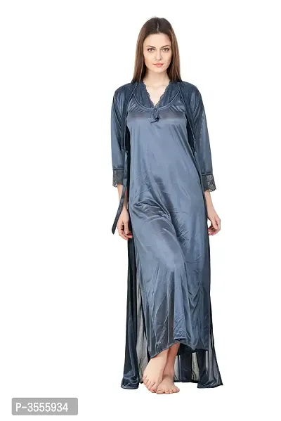 Women Grey Solid Satin Nightdress