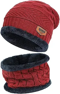 Winter Soft Warm 1 Set Snow Proof Ball Cap (Inside Fur) Woolen Beanie Cap with Scarf for Women Girl Ladies(RED)-thumb1