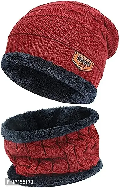 Winter Soft Warm 1 Set Snow Proof Ball Cap (Inside Fur) Woolen Beanie Cap with Scarf for Women Girl Ladies(RED)-thumb2