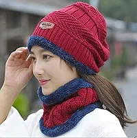 Winter Soft Warm 1 Set Snow Proof Ball Cap (Inside Fur) Woolen Beanie Cap with Scarf for Women Girl Ladies(RED)-thumb3