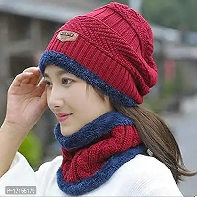 Winter Soft Warm 1 Set Snow Proof Ball Cap (Inside Fur) Woolen Beanie Cap with Scarf for Women Girl Ladies(RED)-thumb4