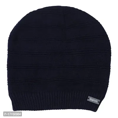 Starvis Winter Warm Fur Inside Lined Men Beanie Slouchy Knit Skull Cap Warm Stocking Hats Guys Women Striped Winter Beanie Hat for Men and Women Cap for Cold Weather (Navy Blue)