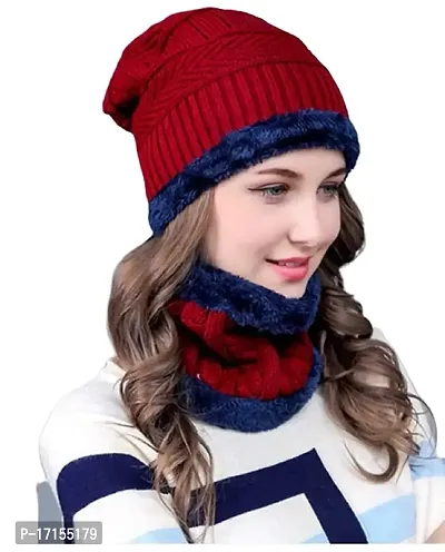 Winter Soft Warm 1 Set Snow Proof Ball Cap (Inside Fur) Woolen Beanie Cap with Scarf for Women Girl Ladies(RED)-thumb0