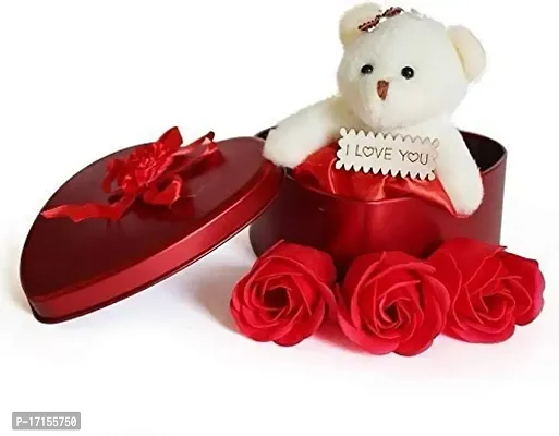 STARVIS Artificial 3 Scented Red Rose  I Love You Teddy Bear in Heart Shape Metal Box(RED)