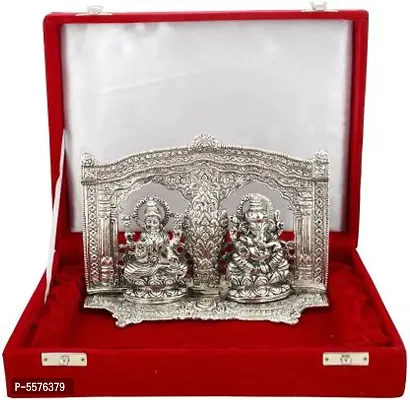 Silver Laxmi Ganesh God Idol Statue Oxidized Finish with Royal Luxury Velvet Box Packing-thumb0