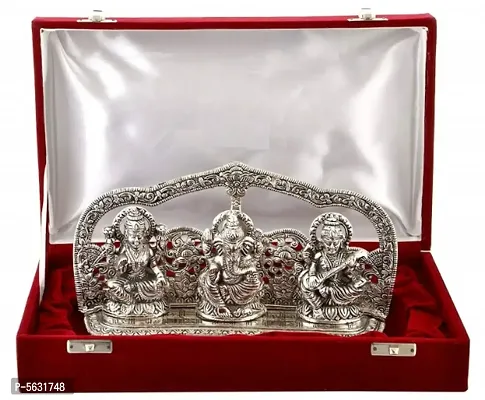 Silver Finish Laxmi Ganesh Sarswati God Idol With Beautiful Velvet Box Exclusive Gift For Diwali, Corporate Gift