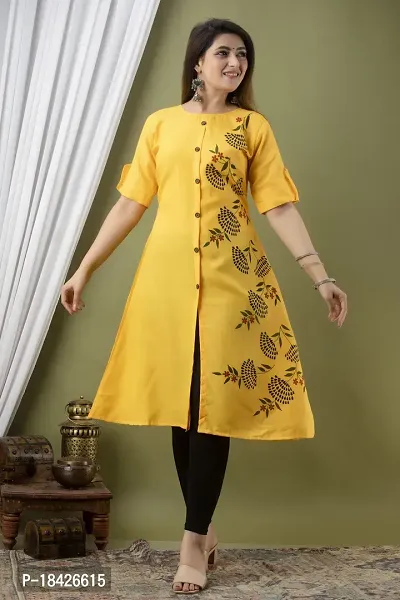 Elegant Frontslit Yellow Floral Print Cotton Kurta For Women-thumb0