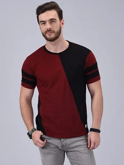 Classic Comfort: Two-Color Round Neck Men's T-Shirt (Medium, Maroon-Black)