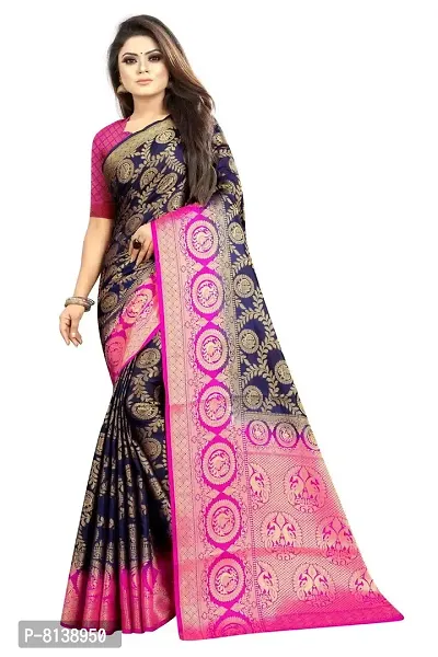 SGF11 Women's Kanjivaram Soft Silk Saree With Un-Stitched Blouse Piece  (Dark Blue) : : Fashion