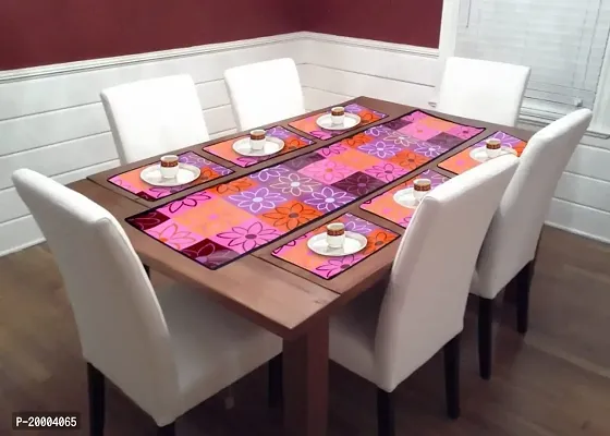 AMANYA Floral Printed Laminated Non Woven Fabric Set of 6 Rectangular Dining Table mat with Runner (Pink)