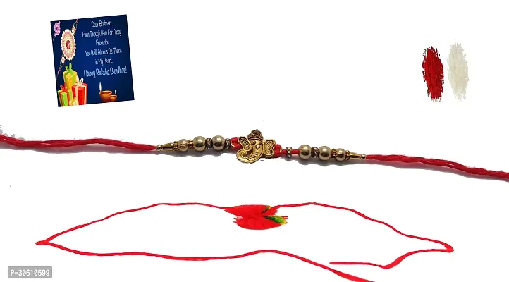 1 Ganesh Ji Metal Rakhi N 1 Bhagwan Ji Rakhi with Greeting Card