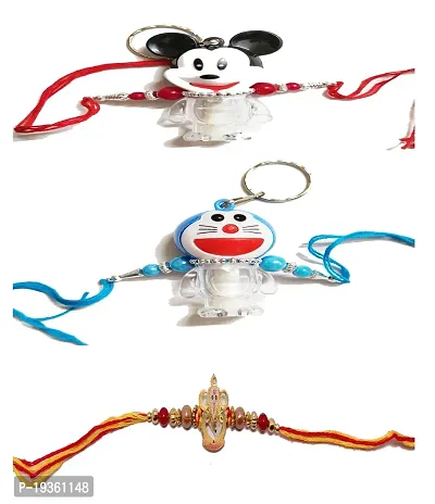 KAVIM One Dora and Micky Mouse light ,One Ganesh ji Metal 3 Kids Rakhi-thumb0