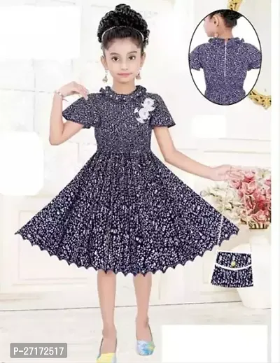 Fabulous Navy Blue Cotton Blend Printed Frocks For Girls-thumb0