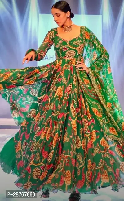 Stylish Green Georgette Printed Kurta With Dupatta For Women