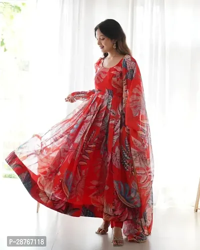 Stylish Red Organza Printed Kurta With Dupatta For Women-thumb0