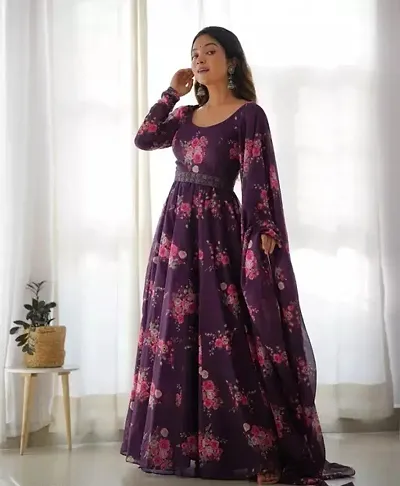 Stylish Georgette Printed Anarakli Kurti with Dupatta Set