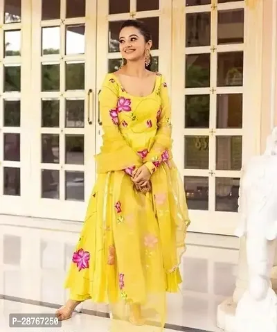 Stylish Yellow Georgette Printed Kurta With Dupatta For Women-thumb0