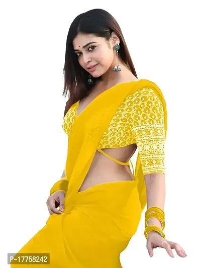 Jassy  Co. Women's Plain Georgette Bollywood Saree With Embroidery work Blouse (yellow)