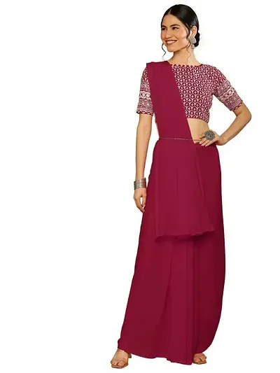 Jassy Co. Women's Plain Georgette Bollywood Saree With Embroidery work Blouse (Maroon)