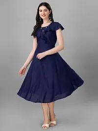 PARNAVI Women Rayon Fit  Flare Western Dress (X-Large, Navy Blue)-thumb2