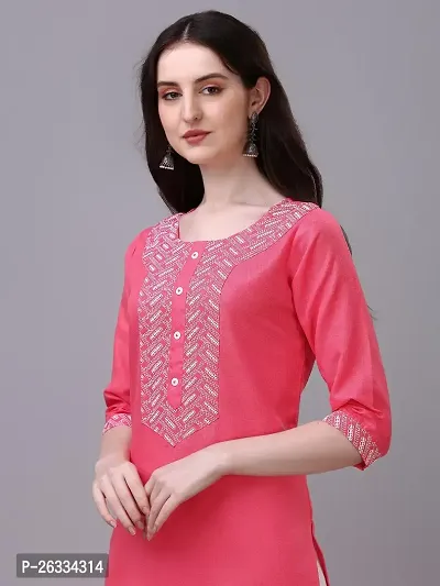 PARNAVI Embroidery Round Neck Cotton Kurti for Women (Medium, Pink)-thumb3