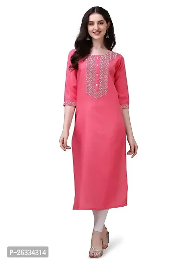 PARNAVI Embroidery Round Neck Cotton Kurti for Women (Medium, Pink)