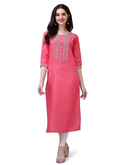 PARNAVI Embroidery Round Neck Kurti for Women (Medium, Pink)