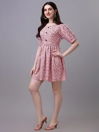 PARNAVI Floral Printed Round Neck Tunic Dress for Women (Medium, Pink)-thumb1