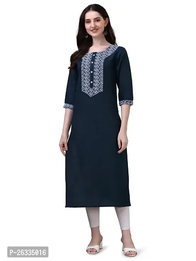 PARNAVI Embroidery Round Neck Cotton Kurti for Women (Large, Teal Blue)-thumb0