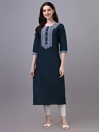 PARNAVI Embroidery Round Neck Cotton Kurti for Women (Large, Teal Blue)-thumb2