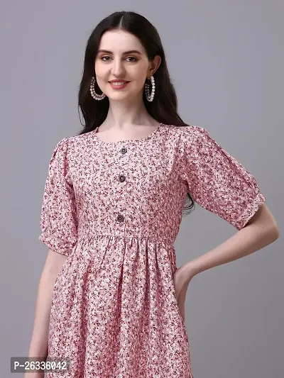 PARNAVI Floral Printed Round Neck Tunic Dress for Women (Medium, Pink)-thumb3