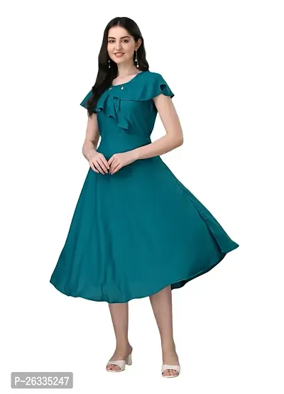 PARNAVI Women Rayon Fit  Flare Western Dress (X-Large, Teal Blue)