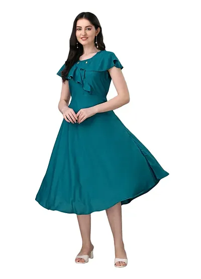 PARNAVI Women Rayon Fit Flare Western Dress (X-Large, Blue)