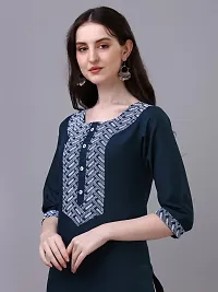 PARNAVI Embroidery Round Neck Cotton Kurti for Women (Large, Teal Blue)-thumb1