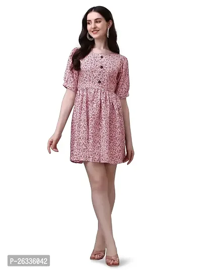 PARNAVI Floral Printed Round Neck Tunic Dress for Women (Medium, Pink)