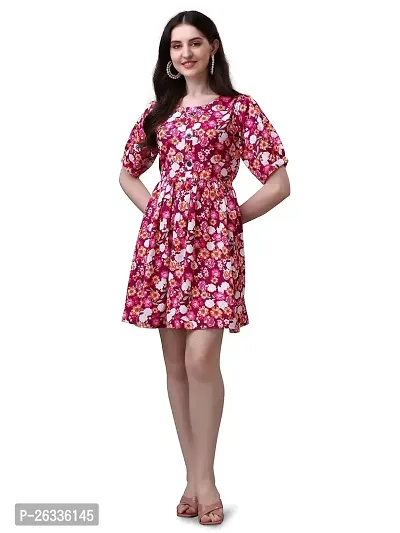 PARNAVI Floral Printed Round Neck Tunic Dress for Women (Medium, Maroon)