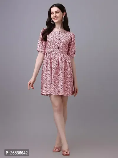 PARNAVI Floral Printed Round Neck Tunic Dress for Women (Medium, Pink)-thumb4
