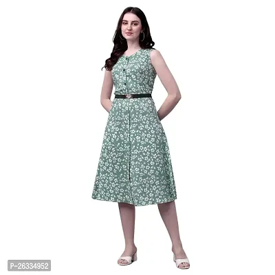 PARNAVI Rayon Floral Printed V Neck Sleeveless Straight Western Dress for Women Green