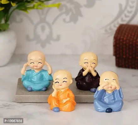 SYANKA Little Monks Laughing Buddha Statue Set of 4, Multicolour, Idol Decorative Showpiece for Home and Office-thumb0