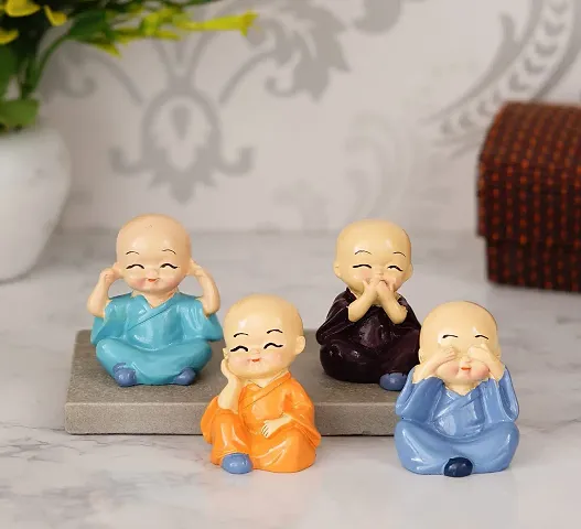 SYANKA Little Monks Laughing Buddha Statue Set of 4, Multicolour, Idol Decorative Showpiece for Home and Office