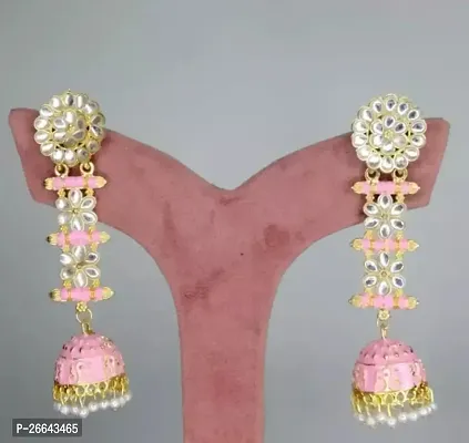 Pink Alloy Pearl Jhumkas Earrings For Women