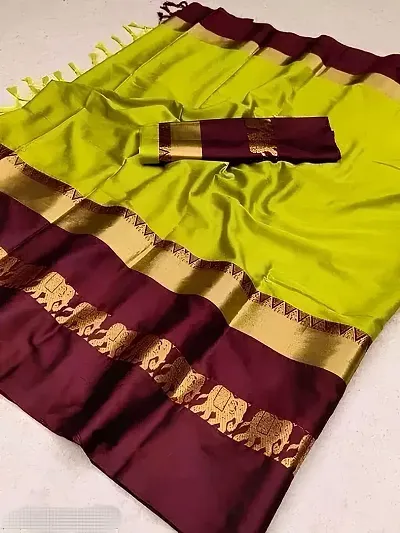 Cotton Silk Elephant Border Woven Sarees With Blouse Piece