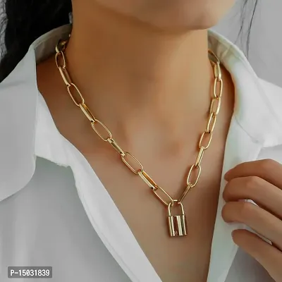 Stunning Gold Plated Chunky Chain Link lock Pendant Necklace-thumb0