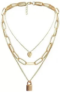 Trendy Triple Layered Gold Plated Lock and Leaf Pendant Necklace-thumb1