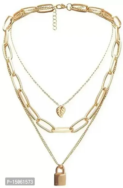 Trendy Triple Layered Gold Plated Lock and Leaf Pendant Necklace-thumb2