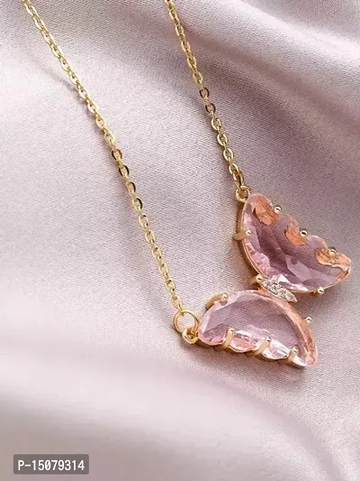 Lovely Gold Plated Pink Crystal Butterfly Pendant Necklace For Women and Girls-thumb0