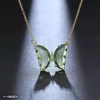 Fancy Gold-Plated Crystal Butterfly Green Pendant Necklace