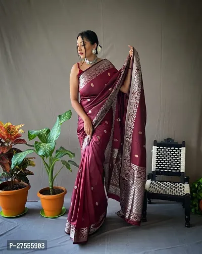 Stylish Maroon Silk Blend Saree With Blouse Piece For Women-thumb2